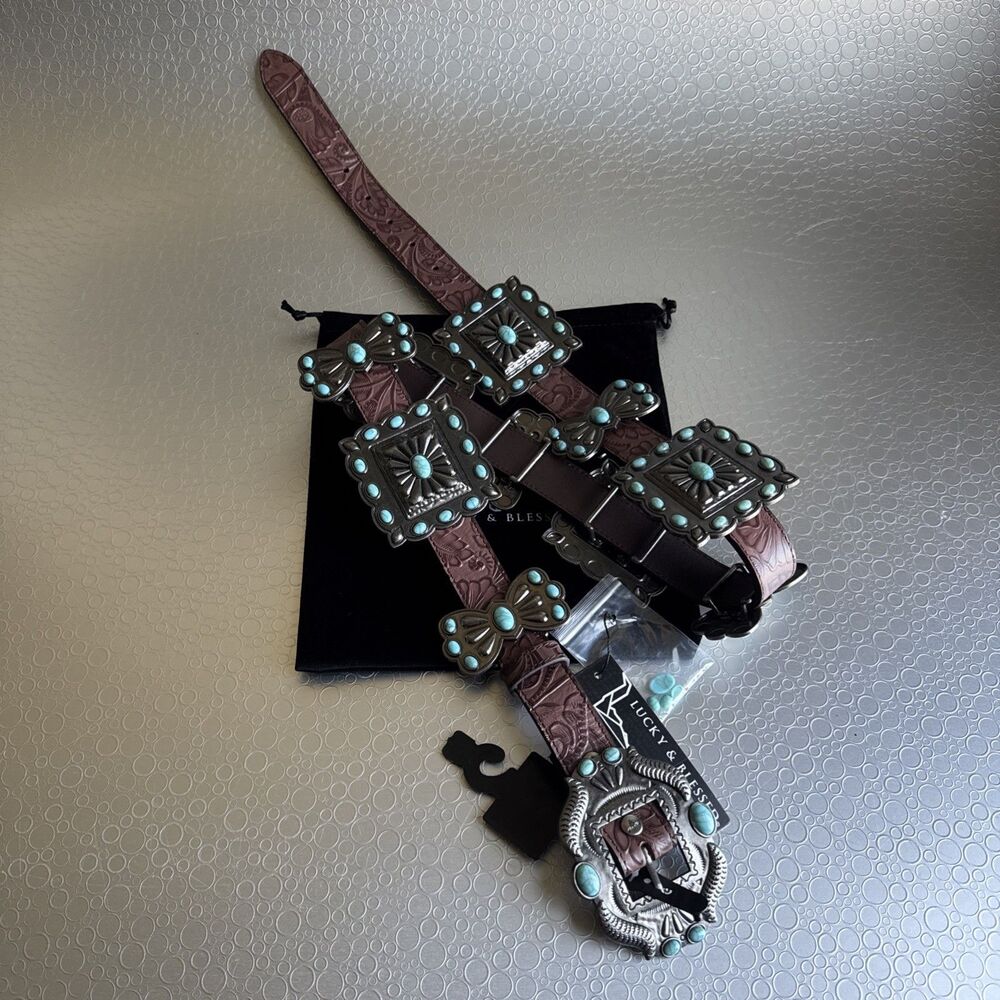 New Lucky & Blessed Turquoise Concho Tool Leather Belt - L Runs Bigger Dust Bag